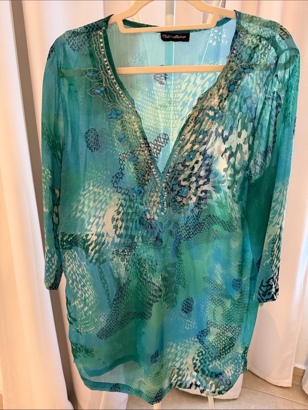 Tunic Top in Teal Green with Embellished V-Neck
